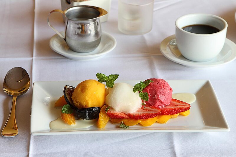 Sorbet ice cream dessert with fresh fruit